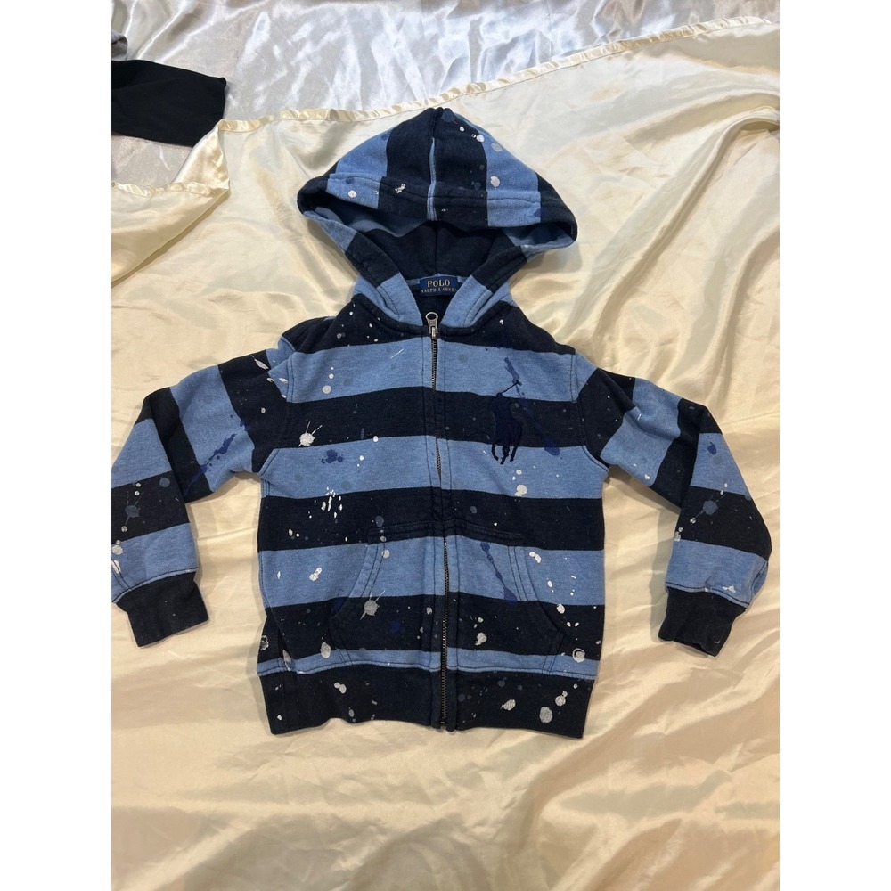 Polo Ralph Lauren Boys Sz 4/4T Blue Navy Striped Paint Splatter Full Zip Hoodie